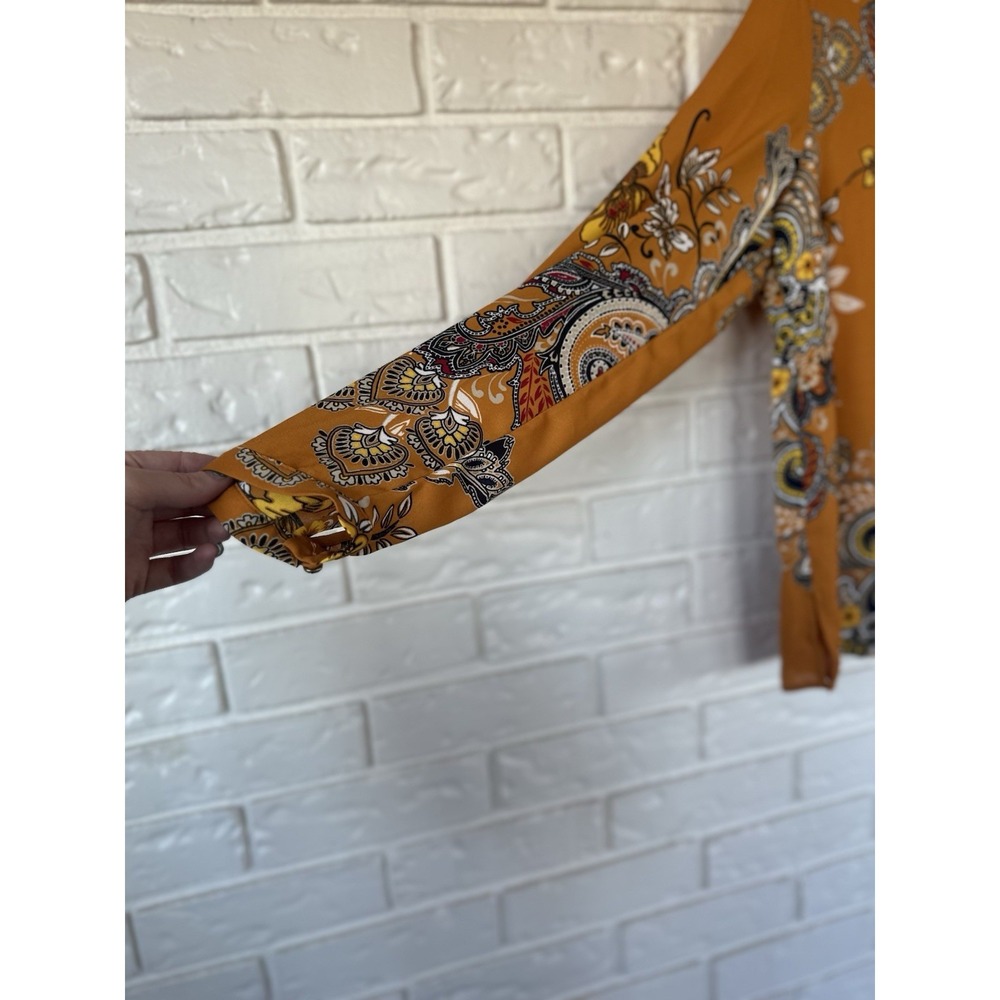 Liz Claiborne Mustard Paisley‎ Boho Blouse Flowy Long Sleeve Cottagecore Top M - Picture 4 of 10